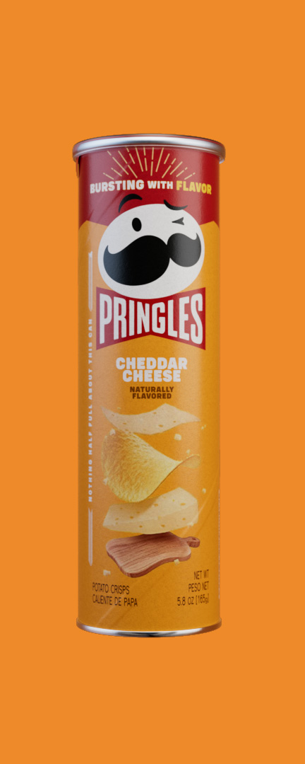 Pringles Cheddar Cheese can, photoreal CGI pack shot on an orange background