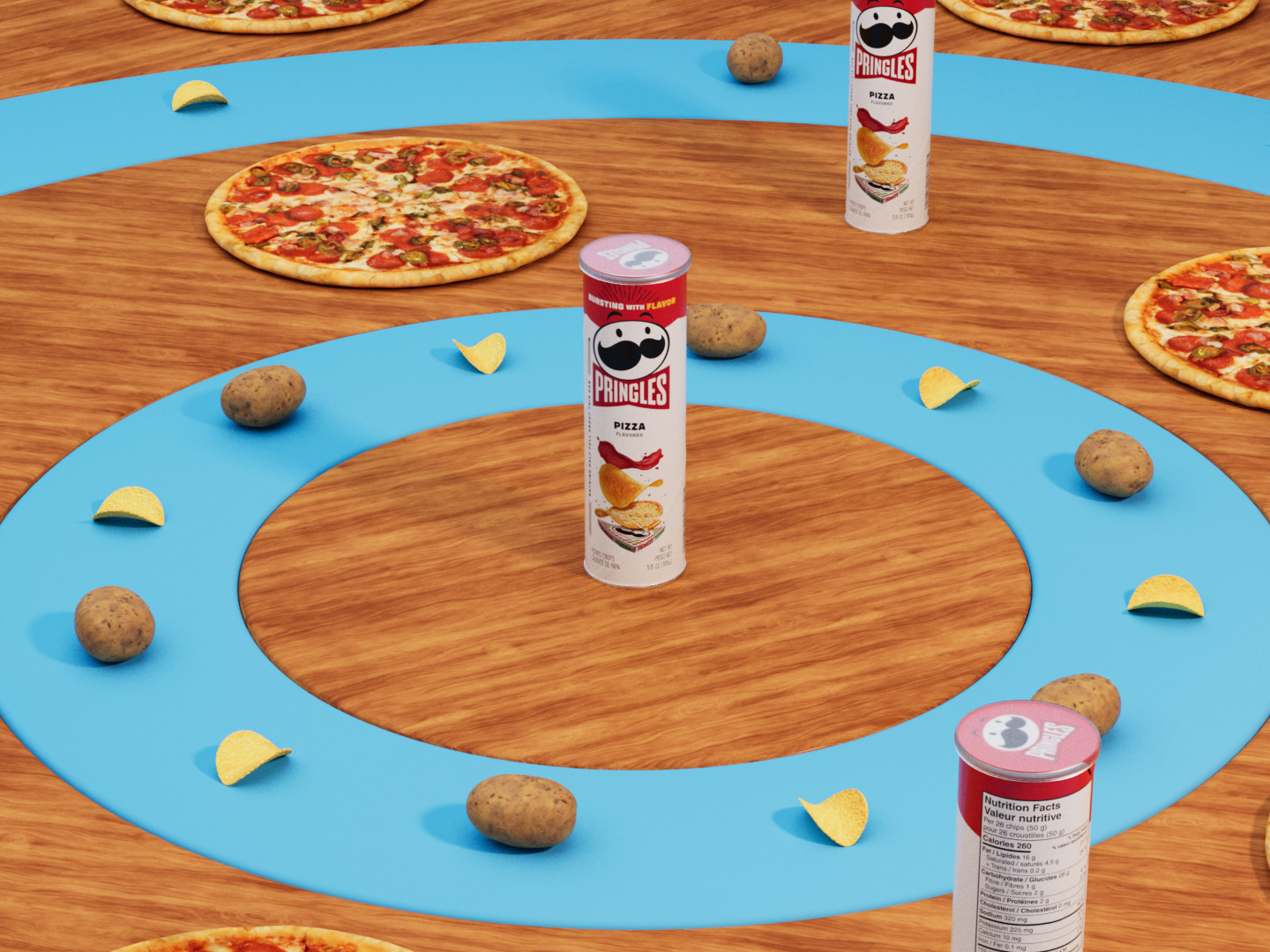Pringles Cheddar Cheese can on orange podiums with cheese, potato and crisps, photoreal CGI render
