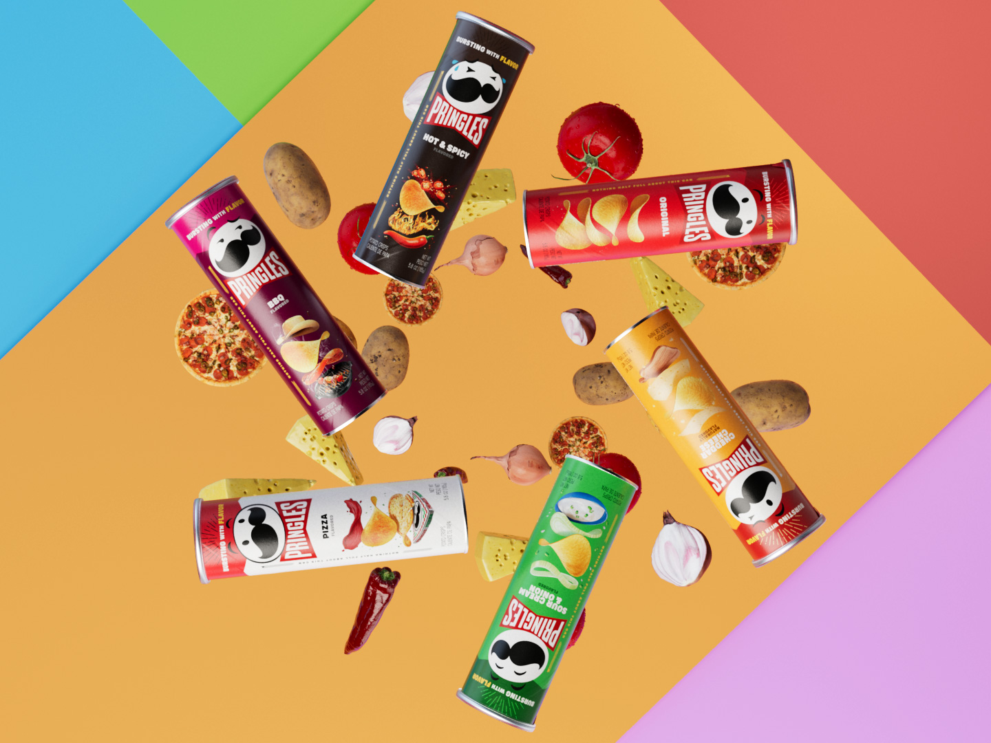 Pringles flavour range flat lay, six cans falling across colour-blocked background with potatoes and ingredients, photoreal CGI render