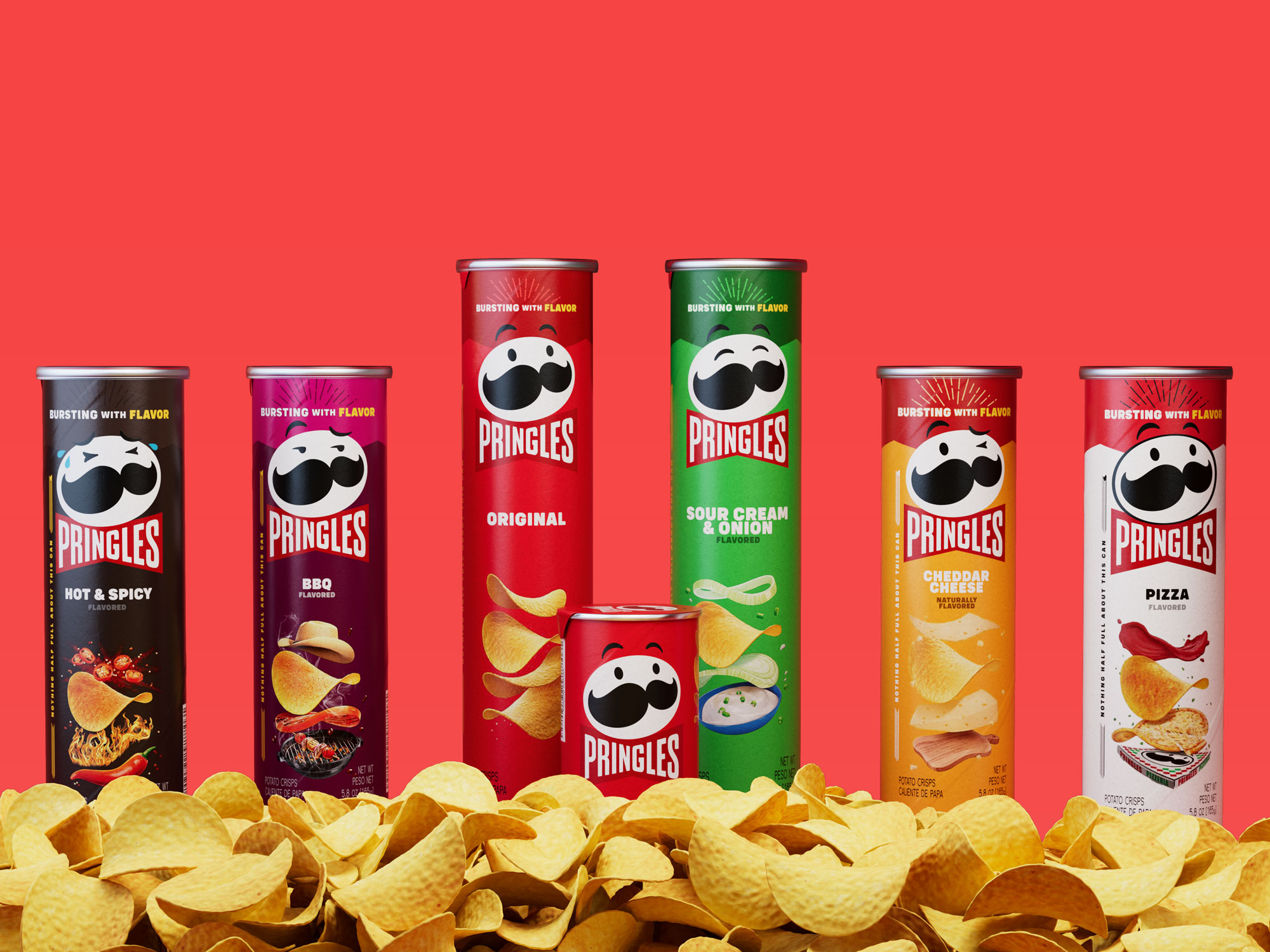 Pringles flavour range CGI commercial, photoreal 3D render of the six-flavour line-up