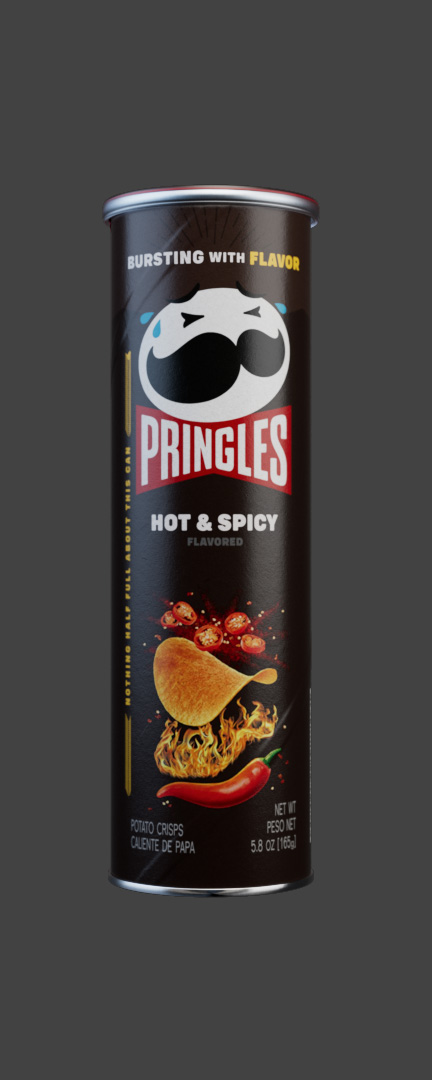 Pringles Hot and Spicy can, photoreal CGI pack shot on a dark background