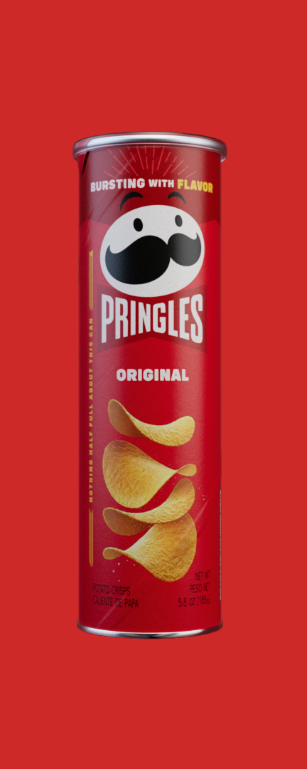 Pringles Original can, photoreal CGI pack shot on a red background