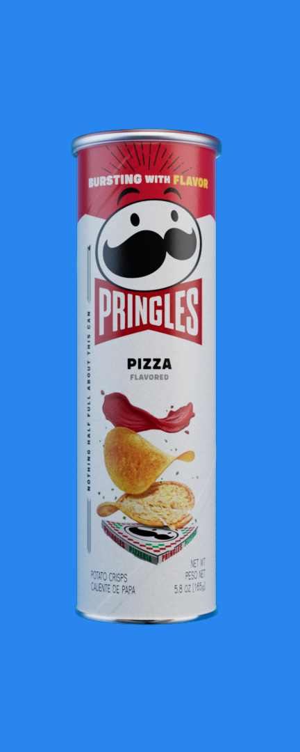 Pringles Pizza can, photoreal CGI pack shot on a blue background