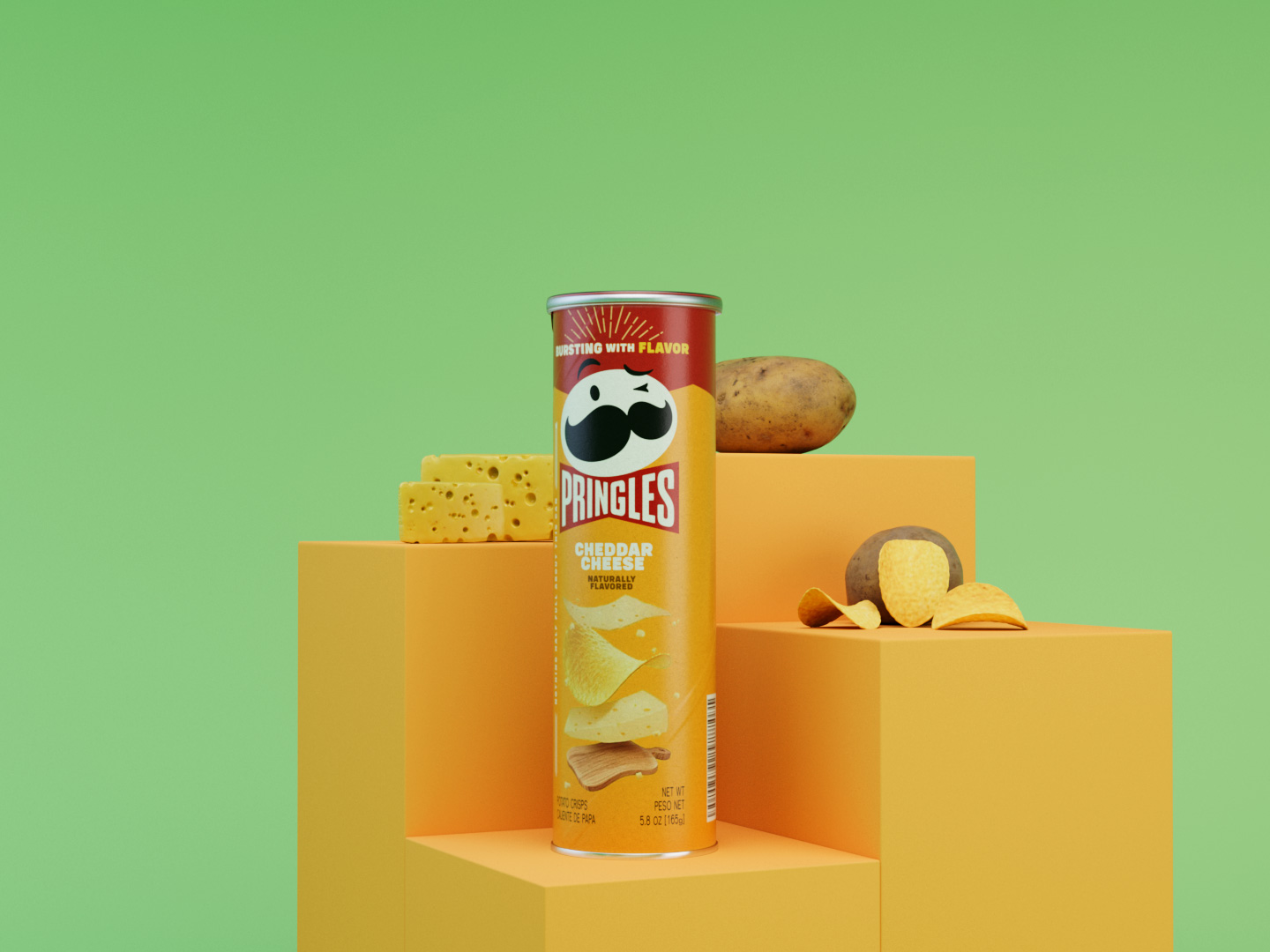Pringles Pizza can styled scene with pizzas and crisps on a wood and blue surface, photoreal CGI render