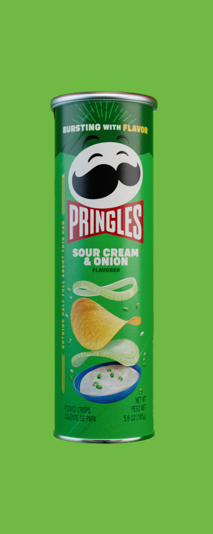 Pringles Sour Cream and Onion can, photoreal CGI pack shot on a green background