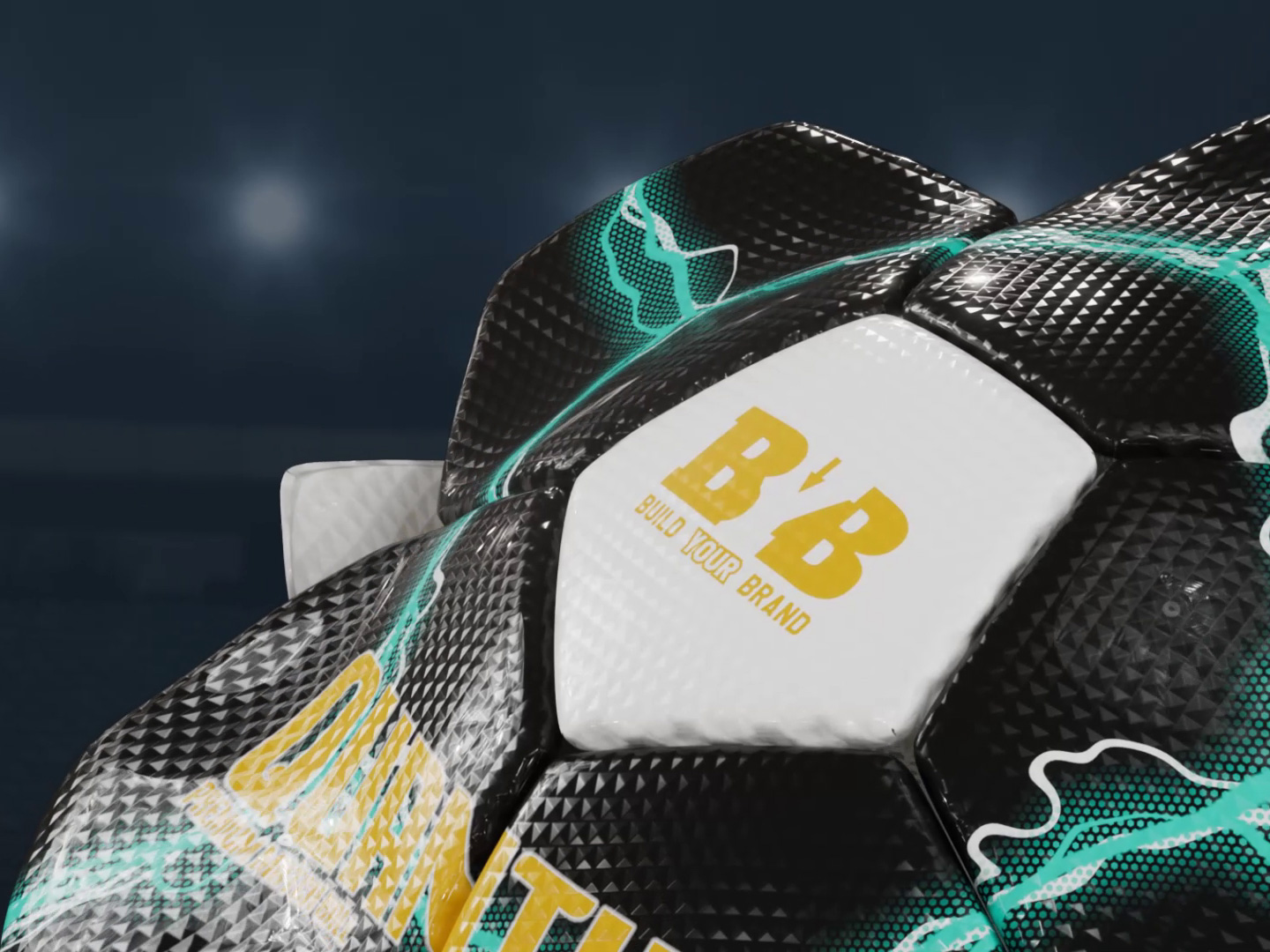 Quantum premium football match ball, clean studio product shot, photoreal CGI render in Cinema 4D and Redshift