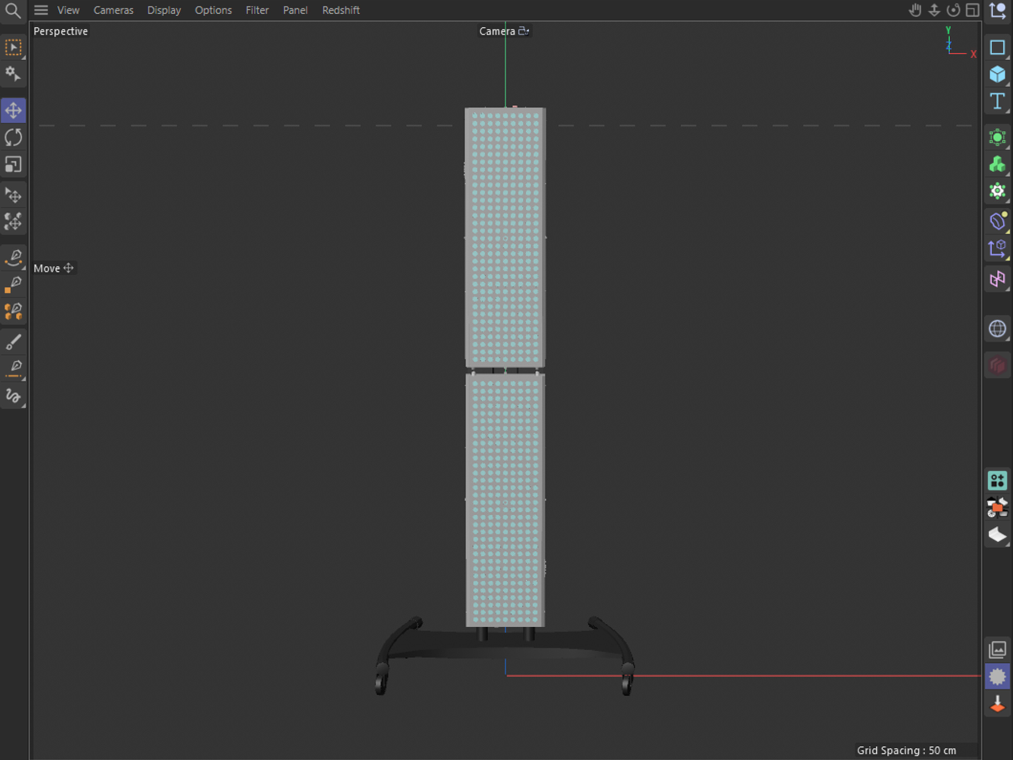 Cinema 4D viewport, front view of the RedLight Home therapy panel and rolling floor-stand model with the full LED grid laid out