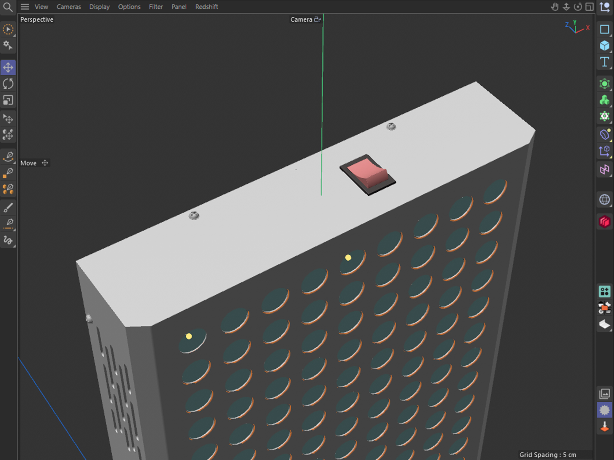 Cinema 4D viewport of the RedLight Home therapy panel model, three-quarter top view showing the branded top edge and power switch