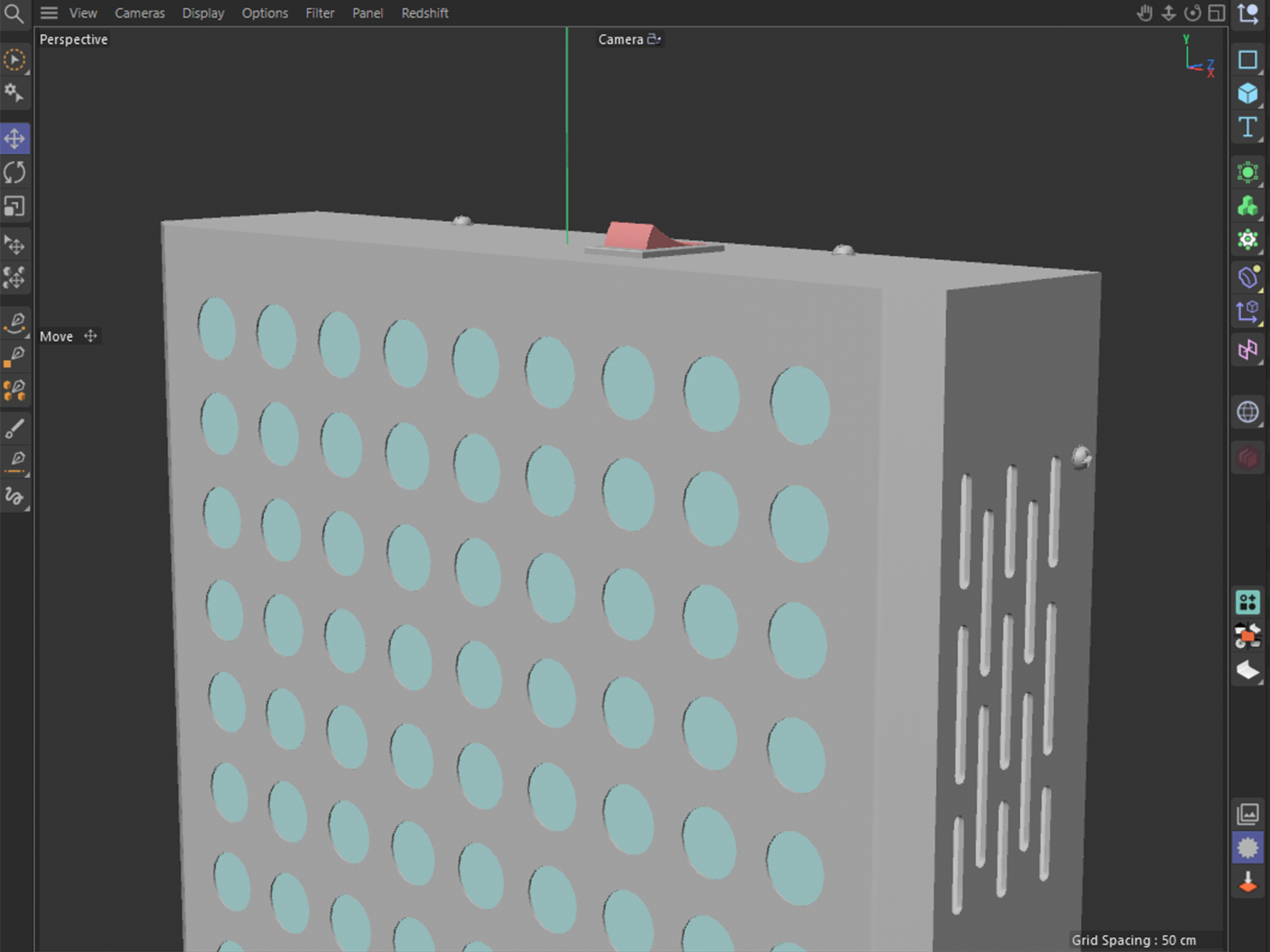 Cinema 4D viewport of the RedLight Home therapy panel model, floor-stand and panel hinge detail