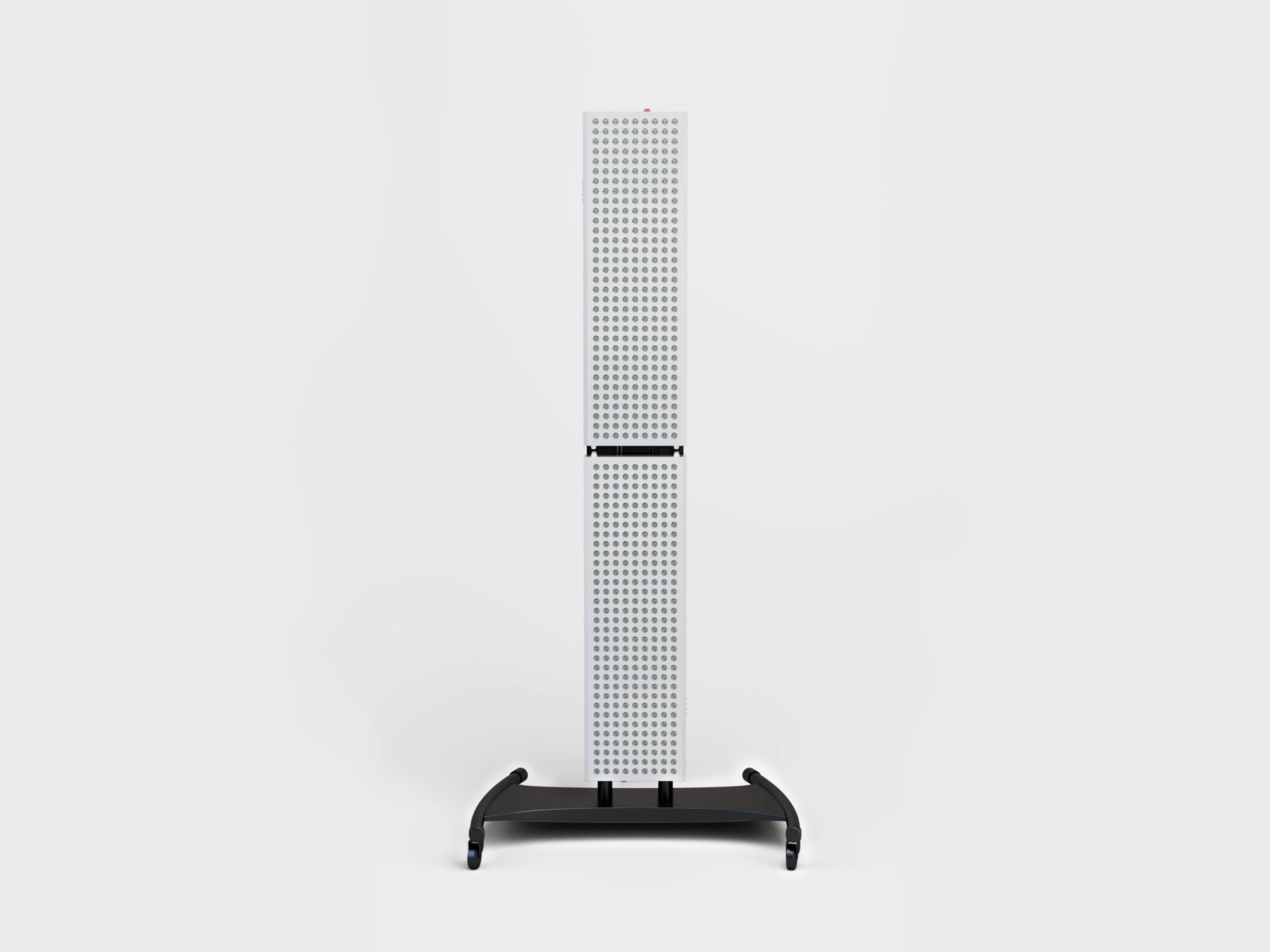 RedLight Home full-length therapy panel mounted on its black rolling floor stand, front view, studio 3D render on white