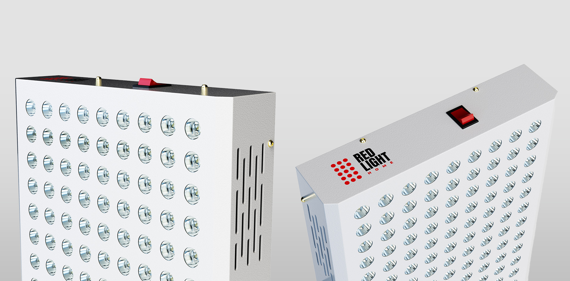 RedLight Home red-light therapy panel, two-panel studio render showing the LED grid front and the branded back with the RED LIGHT HOME logo and power switch, photoreal CGI by Tanzim Rahat