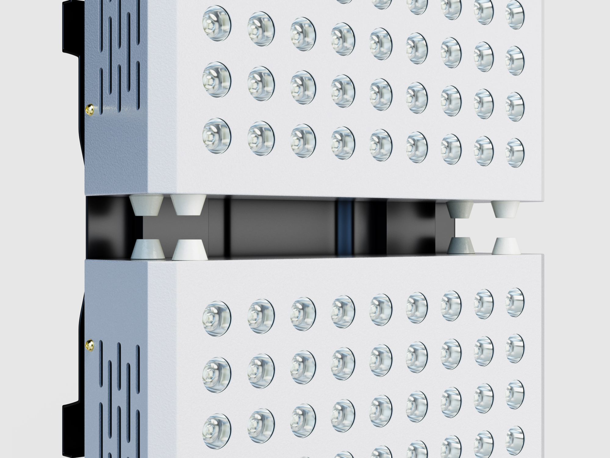 Close-up 3D render of the RedLight Home therapy panel LED grid, lens detail, side vents and the hinge between two stacked panels