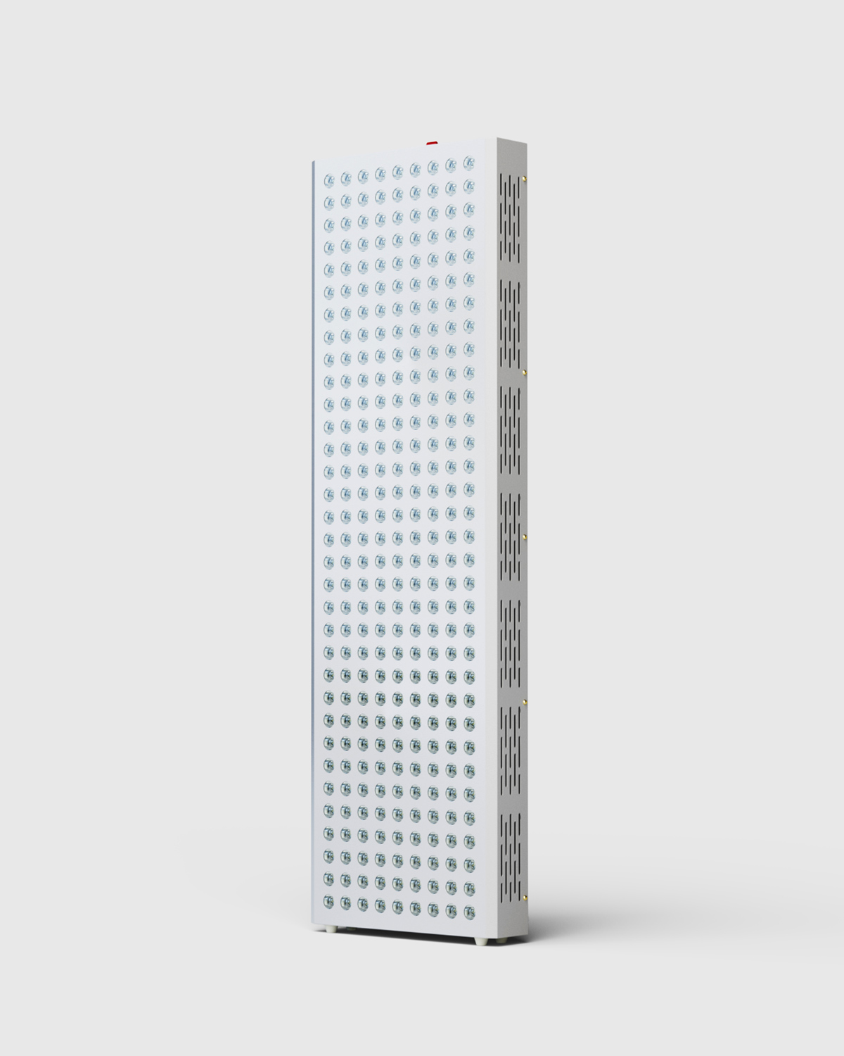 RedLight Home therapy panel, three-quarter front view showing the LED grid and side vents, studio 3D render on white