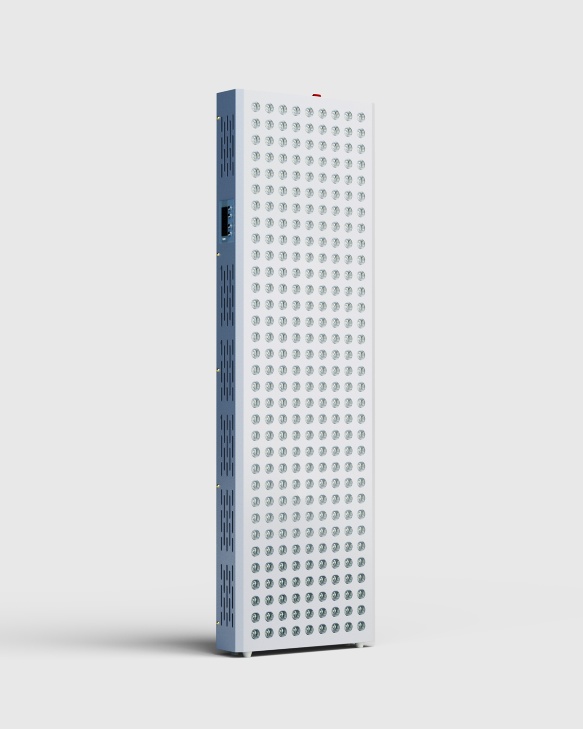 RedLight Home therapy panel, three-quarter left view of the LED grid and housing, studio 3D render on white