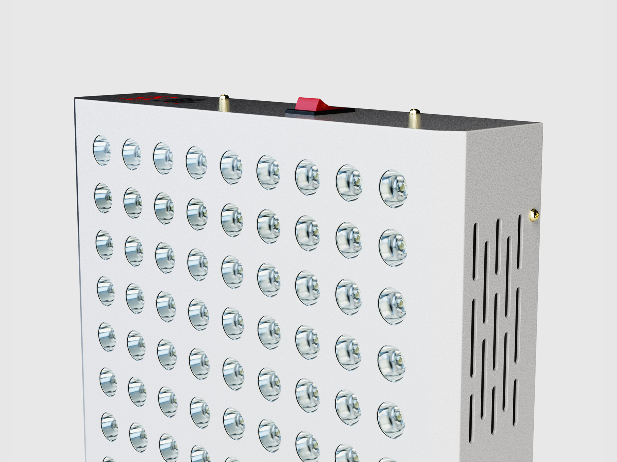 RedLight Home therapy panel, three-quarter top-front view showing the LED grid and branded top edge, studio 3D render