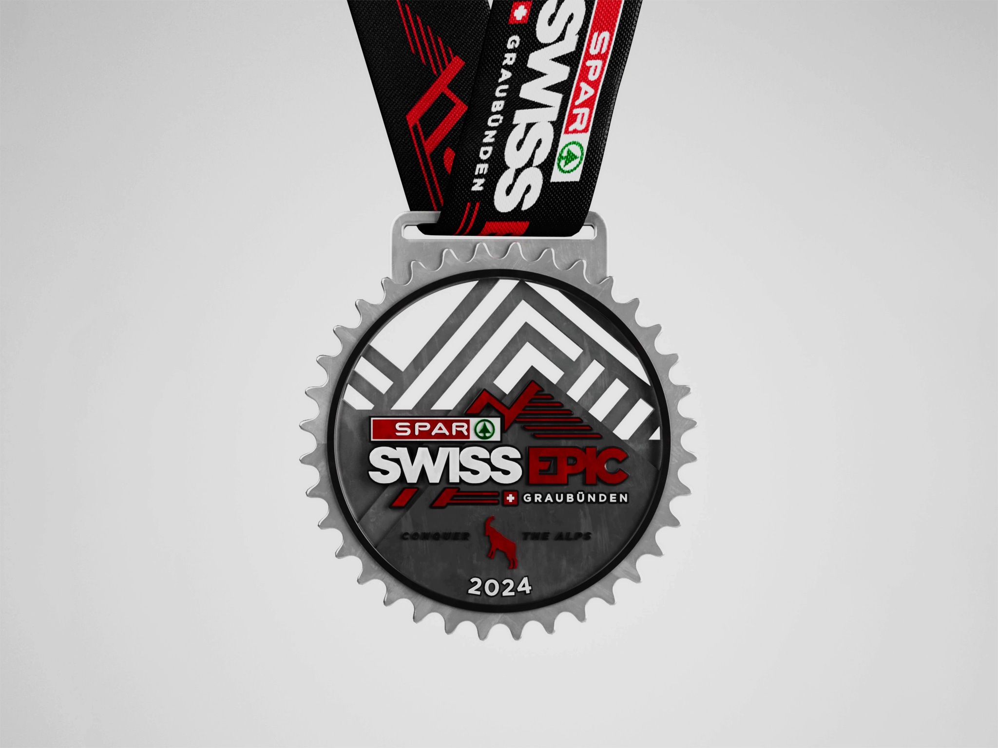 SPAR Swiss Epic recycled finisher medal, cinematic 3D CGI reveal