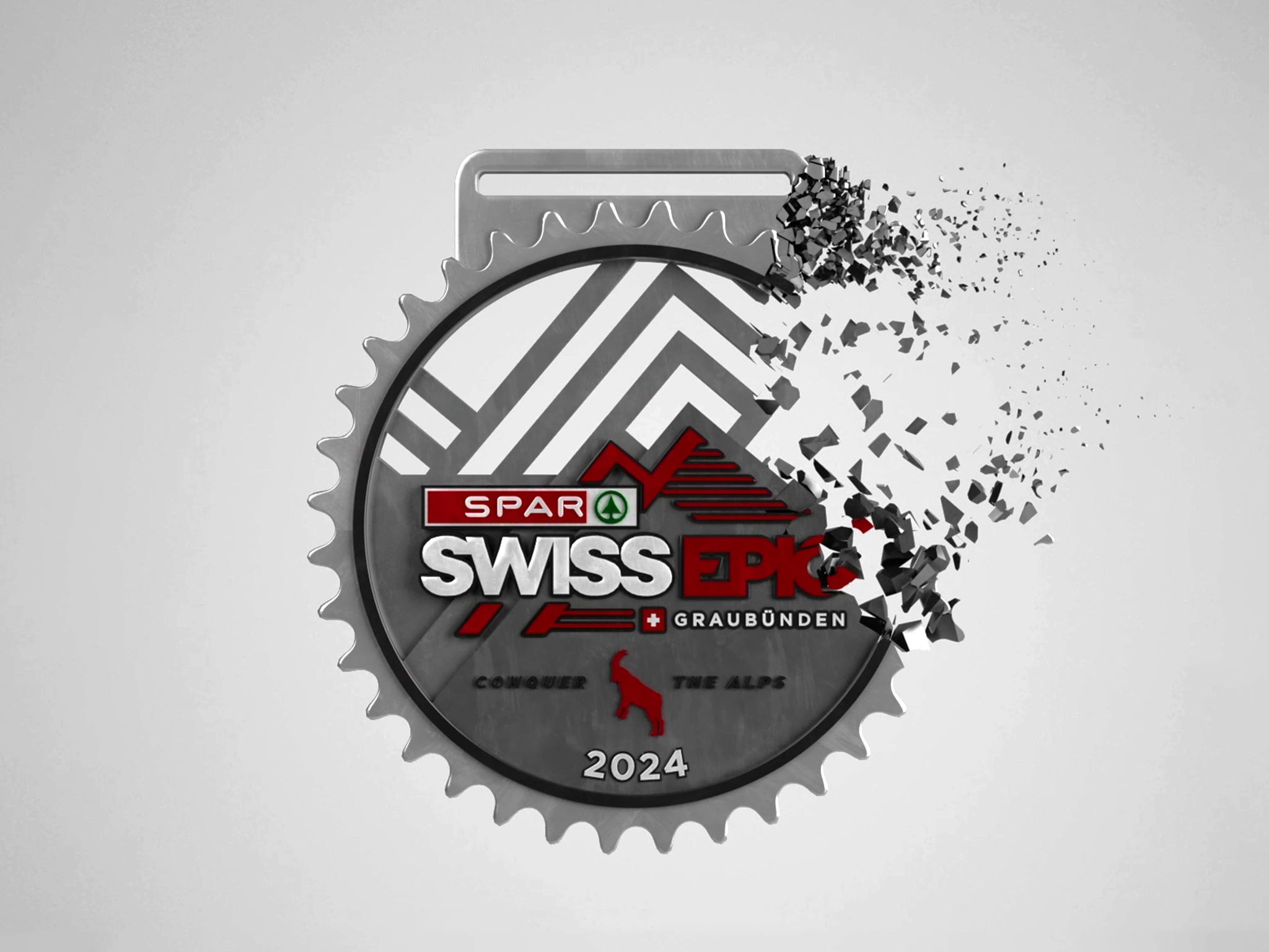 SPAR Swiss Epic finisher medal dissolving into particles, Houdini simulation rendered in Redshift