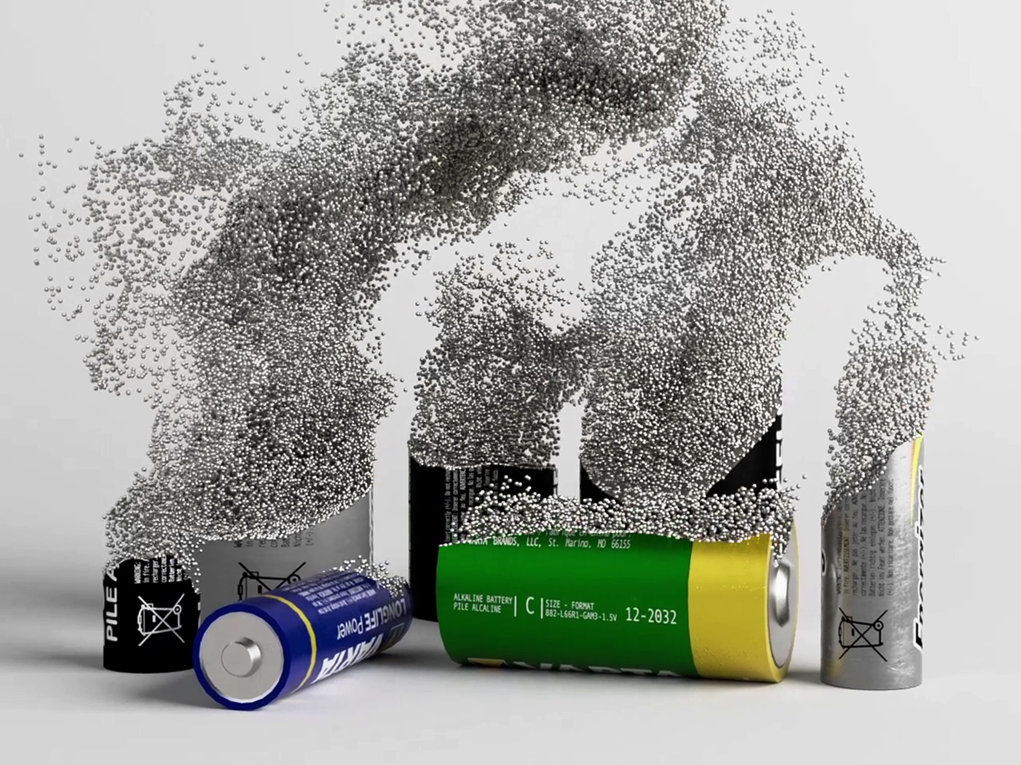 Recycled batteries dissolving into particles, the raw recycled material forming the SPAR Swiss Epic medal, Houdini simulation rendered in Redshift