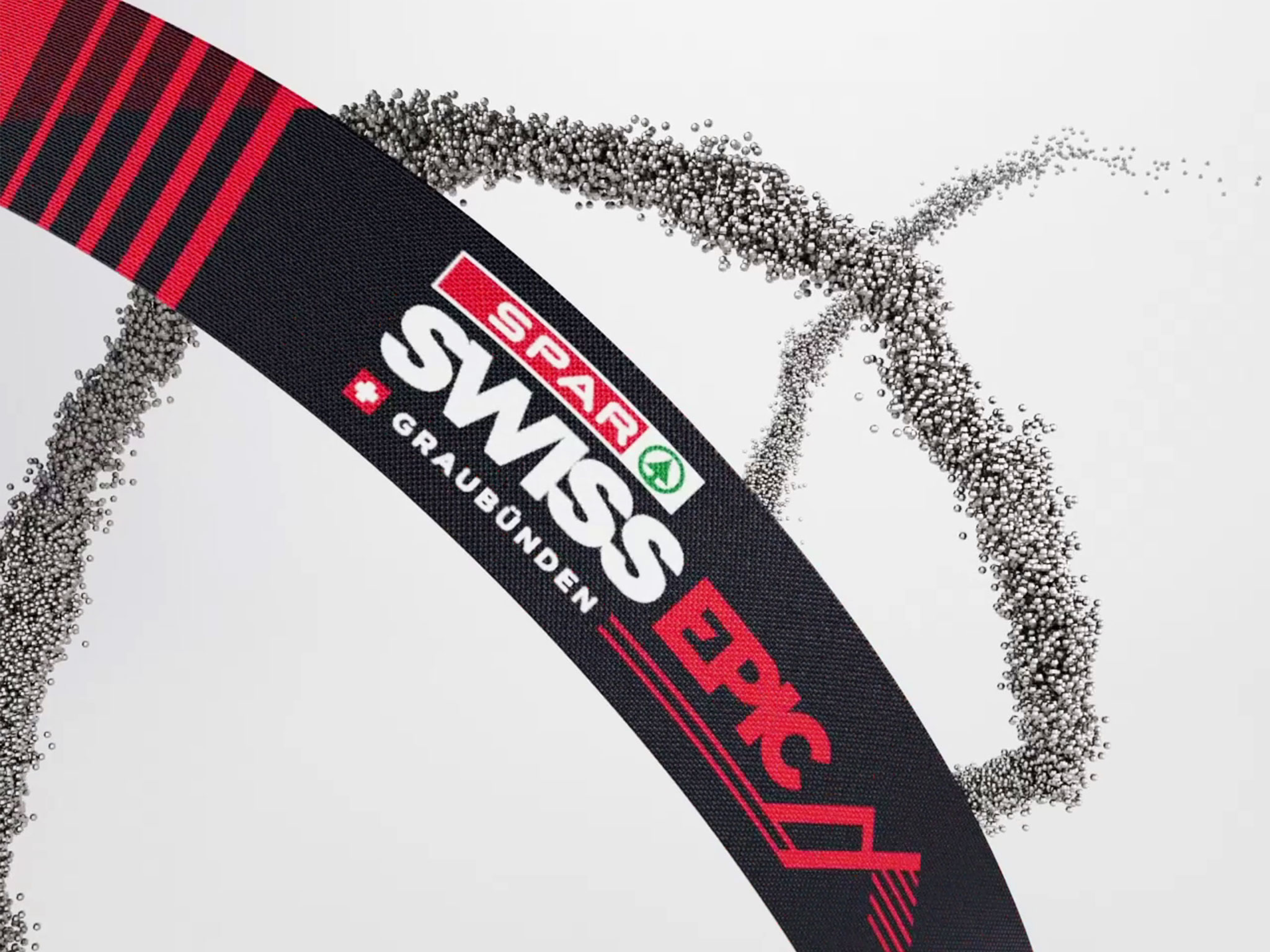 SPAR Swiss Epic ribbon close-up forming from particles, Houdini simulation rendered in Redshift