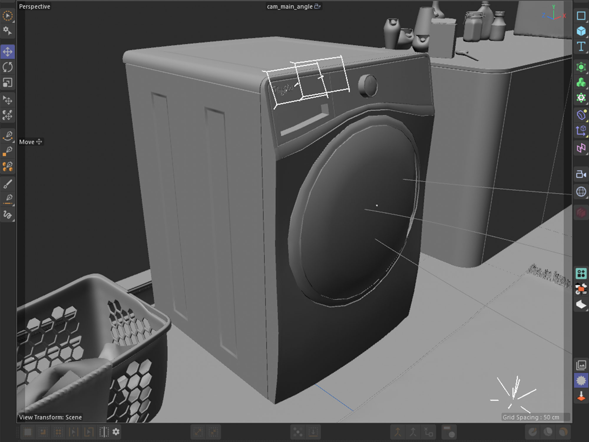 Cinema 4D viewport, three-quarter clay model of the washing machine