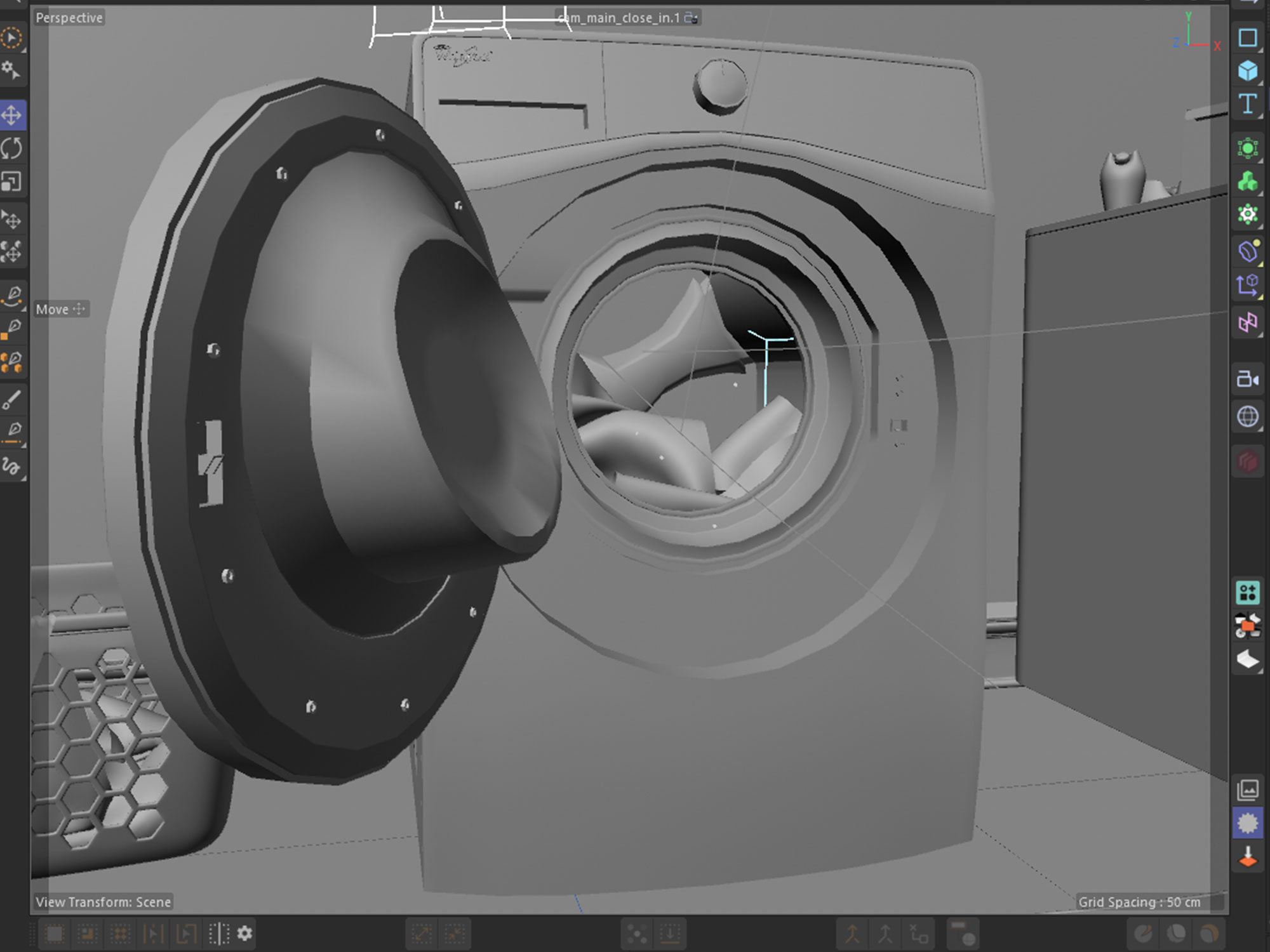 Cinema 4D viewport, door-open clay model showing the drum interior and laundry