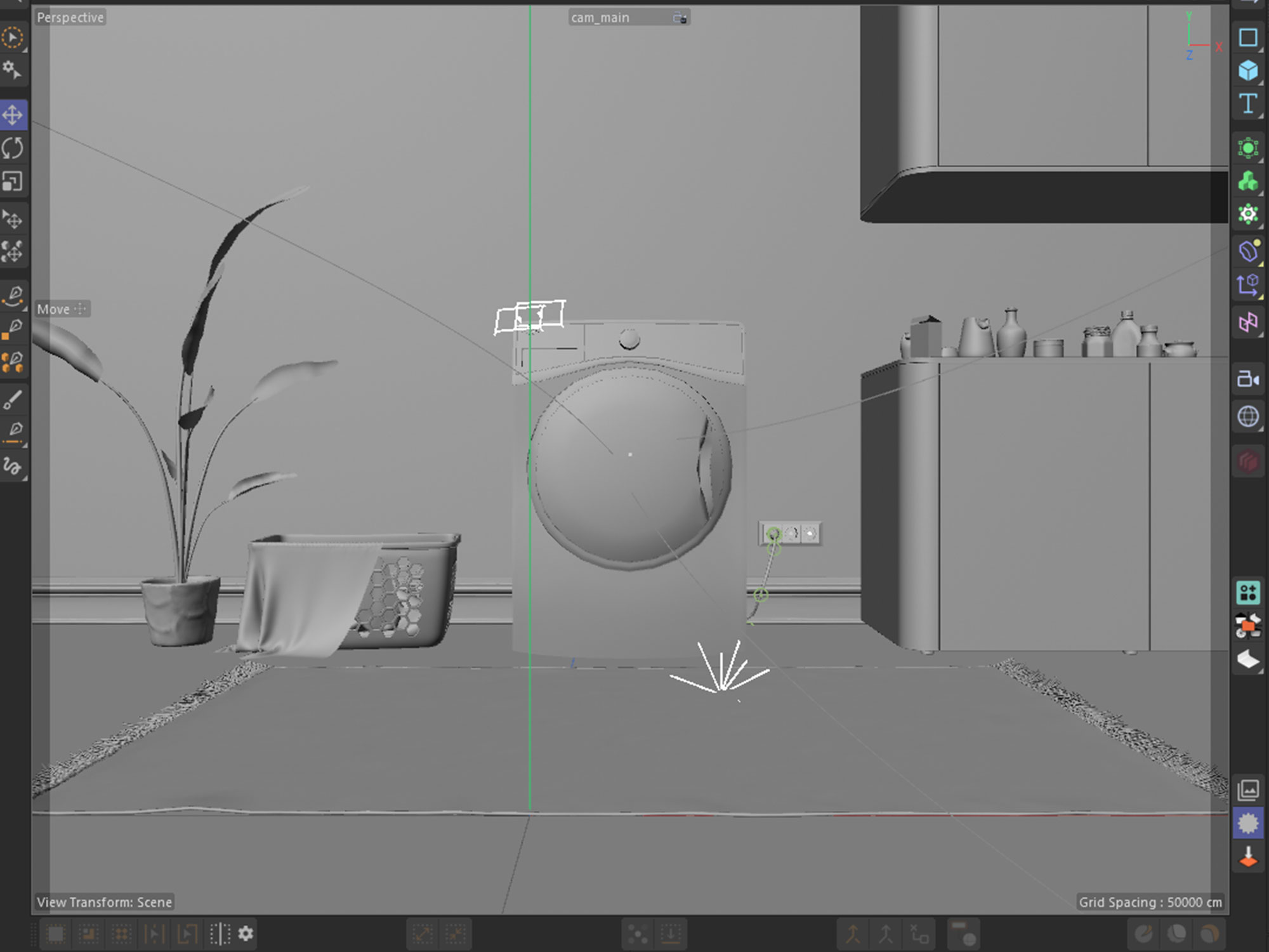 Cinema 4D viewport, clay scene assembly of the washing machine in the full laundry room set