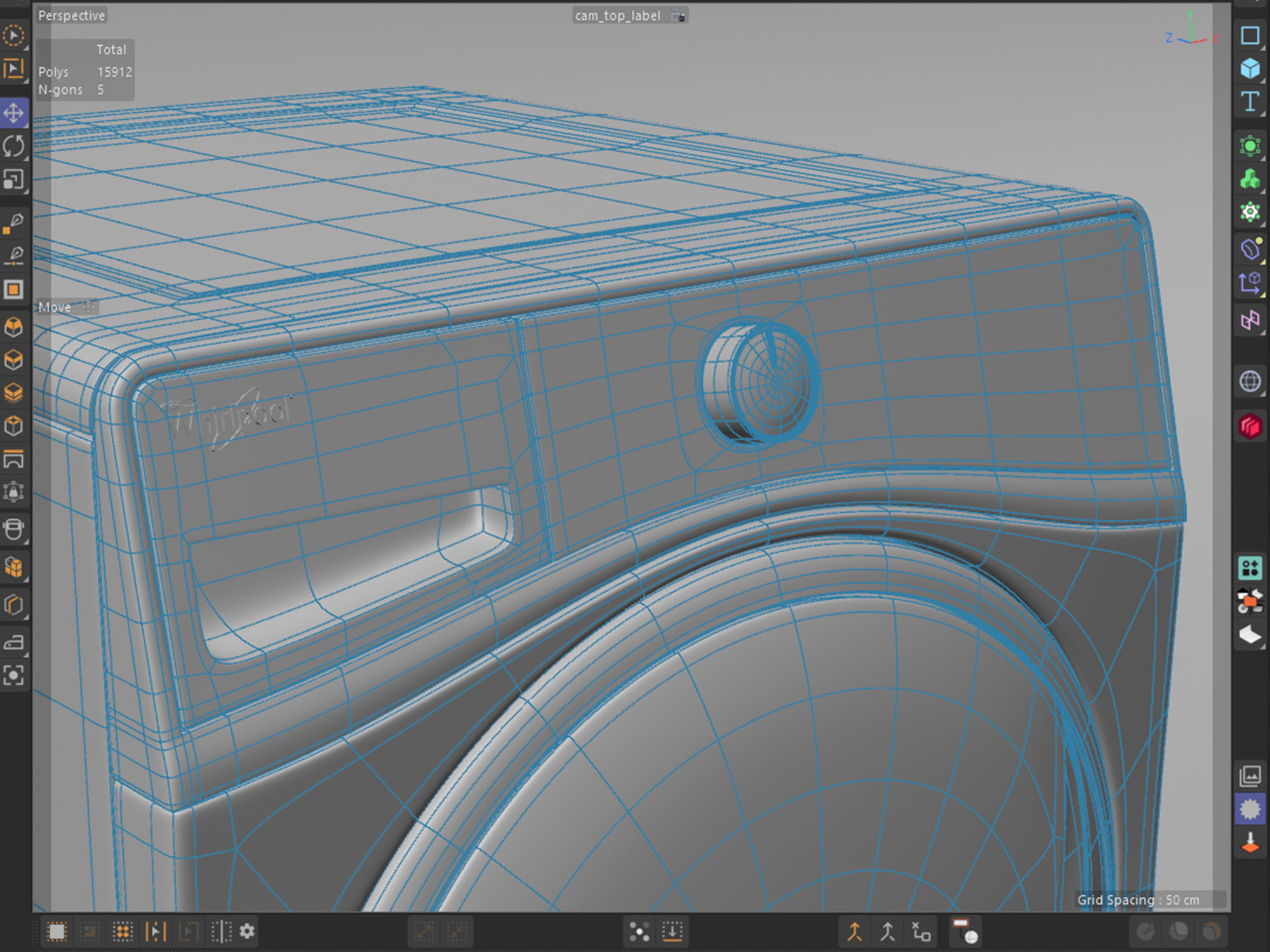 Cinema 4D viewport wireframe, close-up of the washing machine topology and edge flow