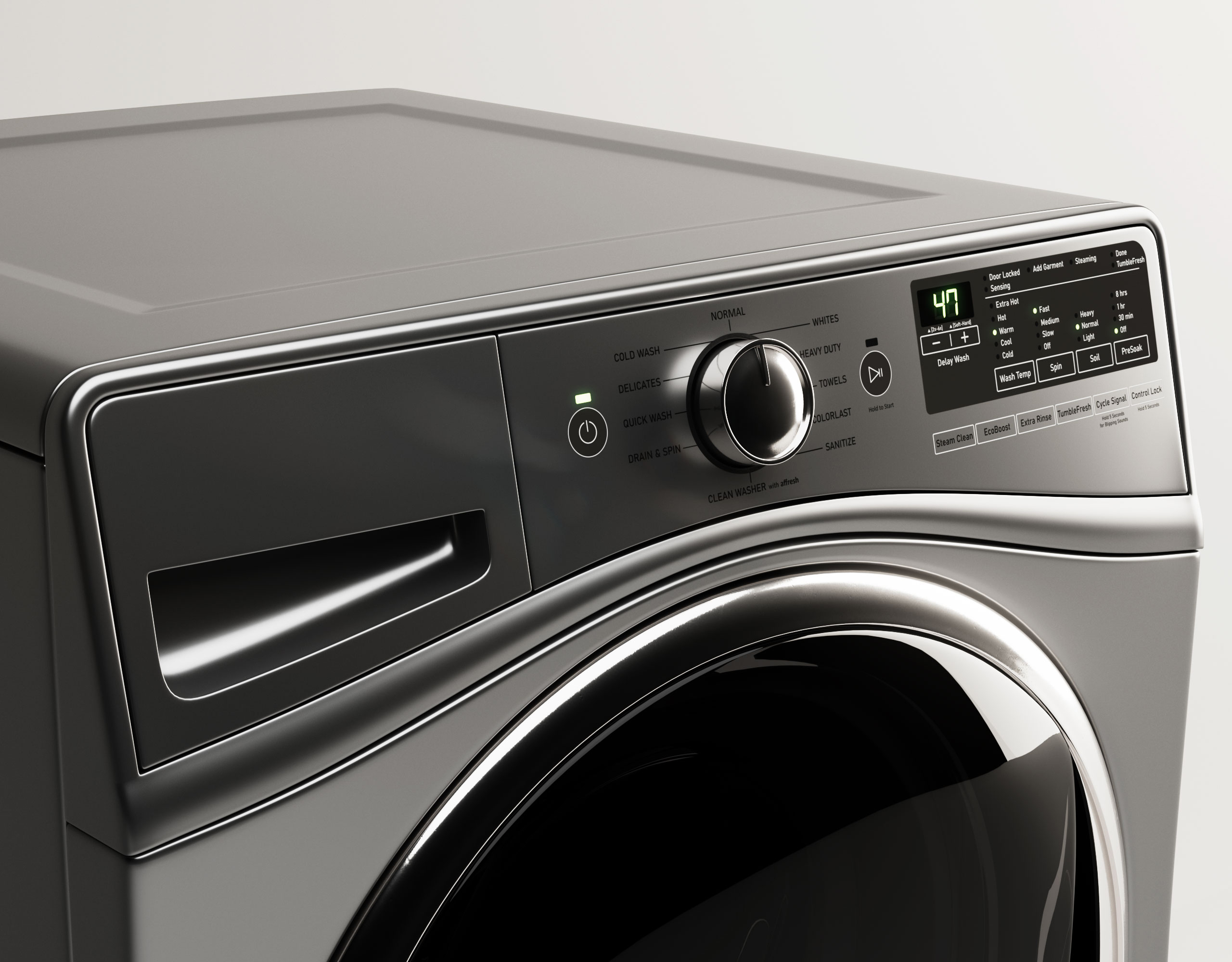 Washing machine control panel macro, recessed dial and capacitive buttons
