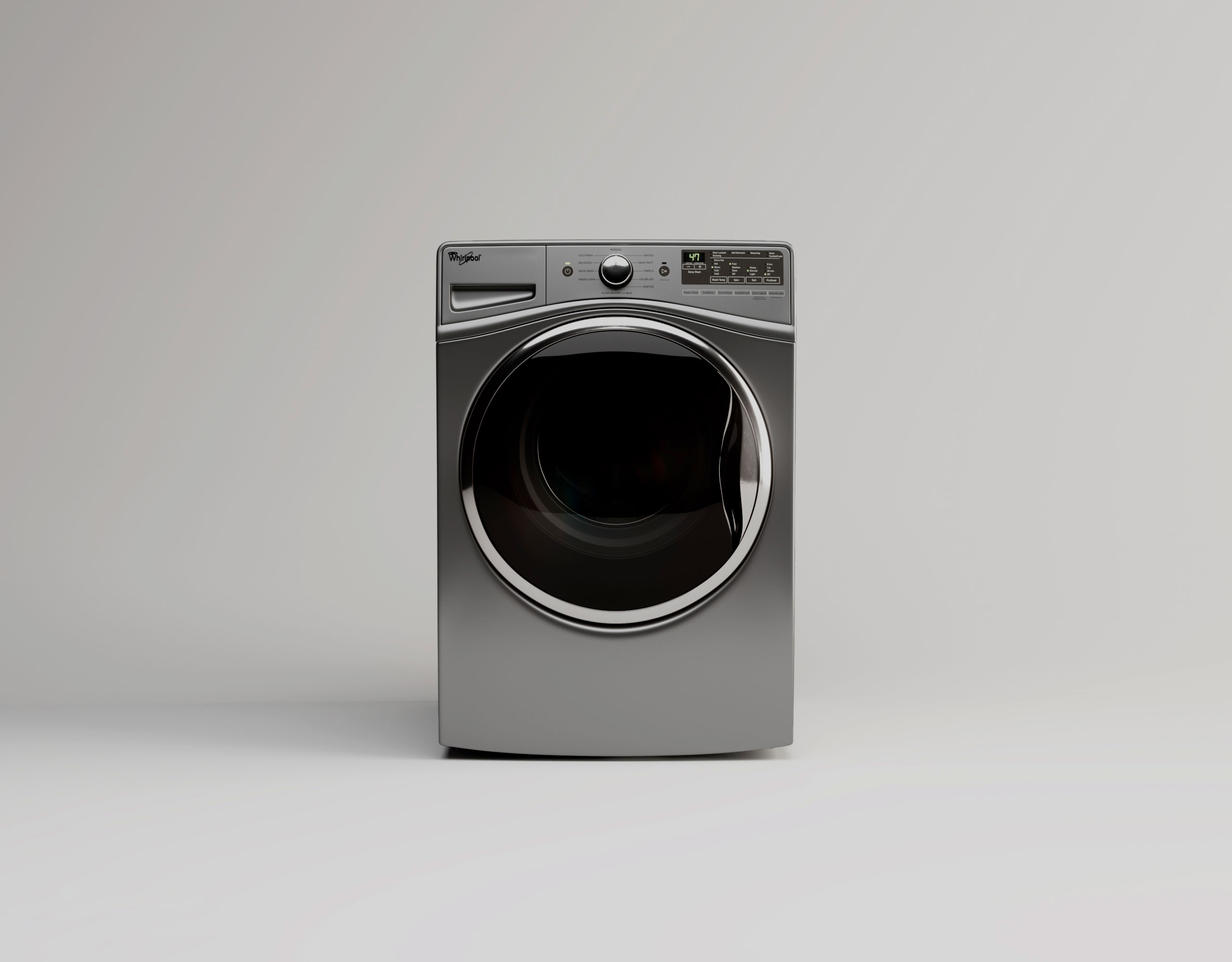 Washing machine final beauty render, same view as the technical layout