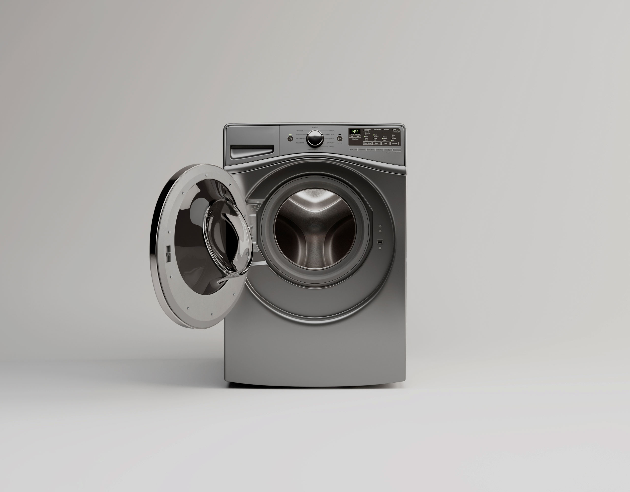 Washing machine front with door open, drum and gasket, CGI render