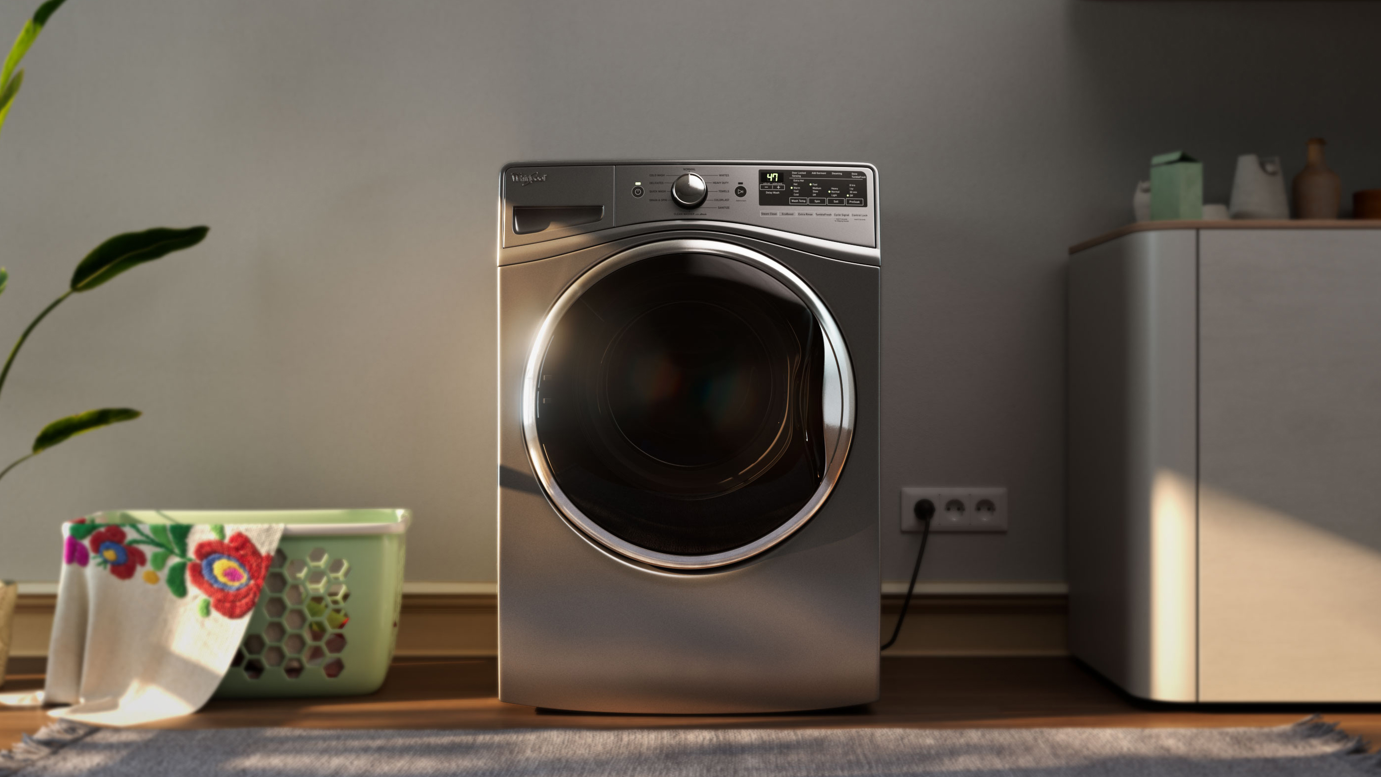 Washing machine in a lived-in laundry room, lifestyle CGI render