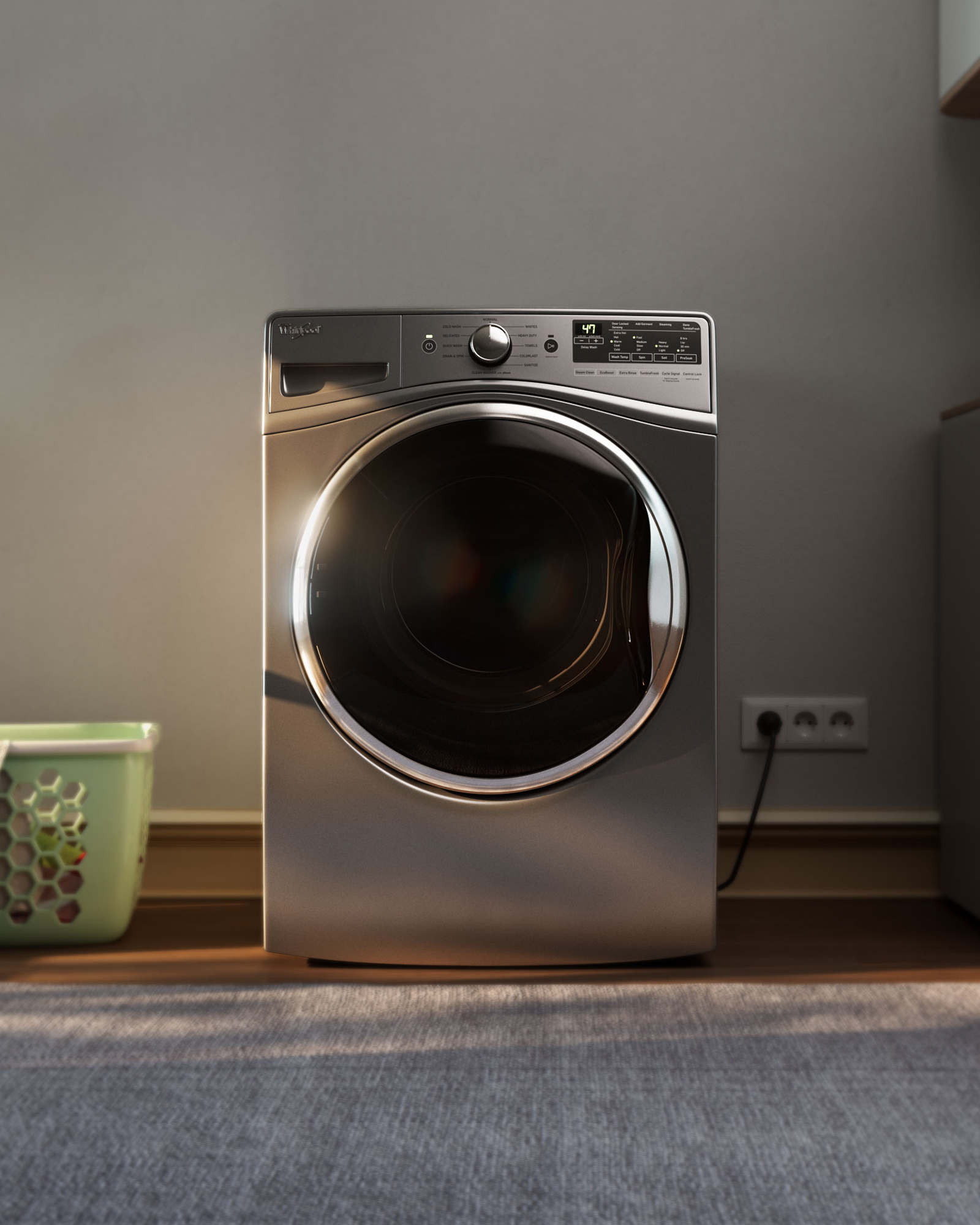 Washing machine lifestyle render, straight on