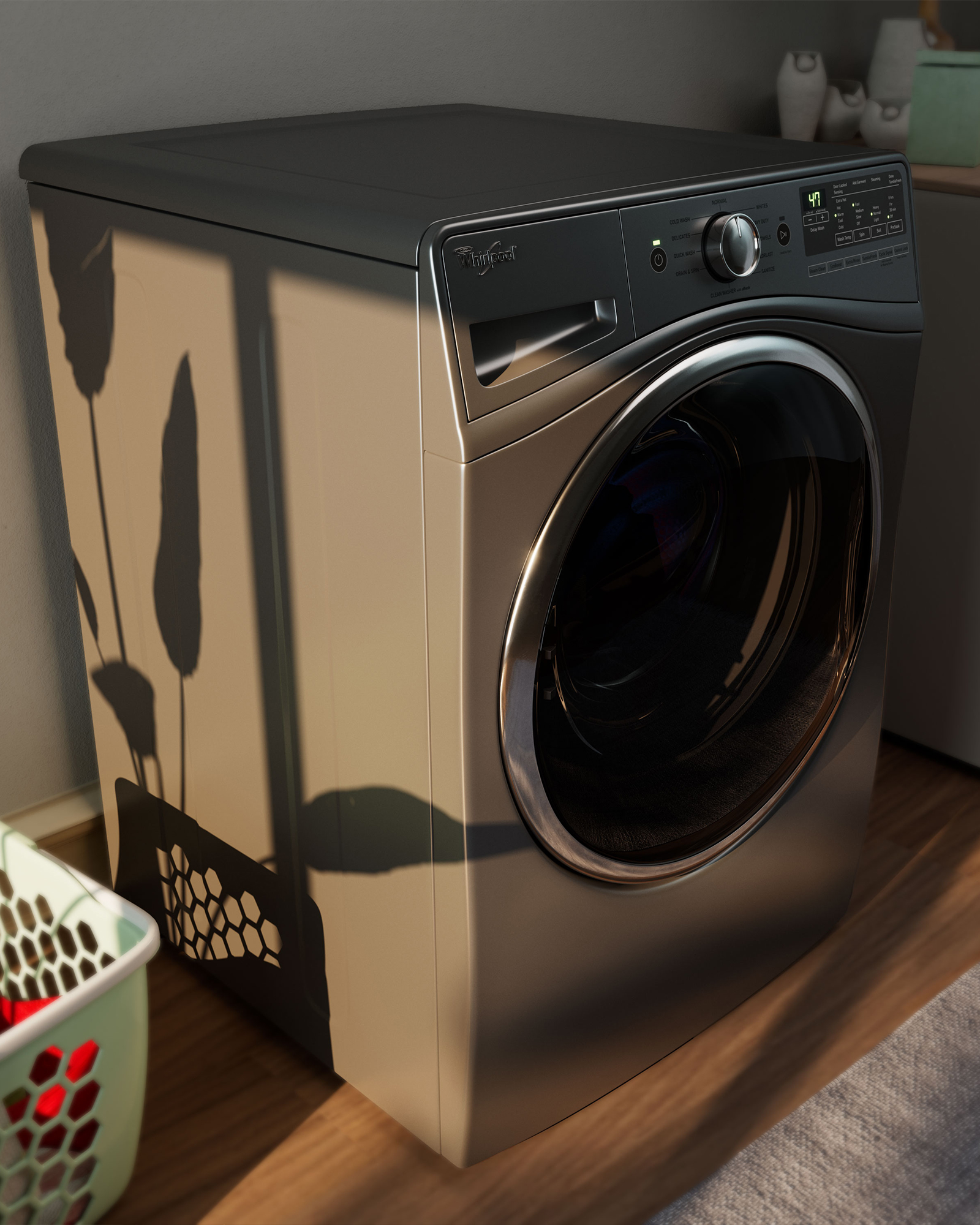 Washing machine lifestyle render, three-quarter angle