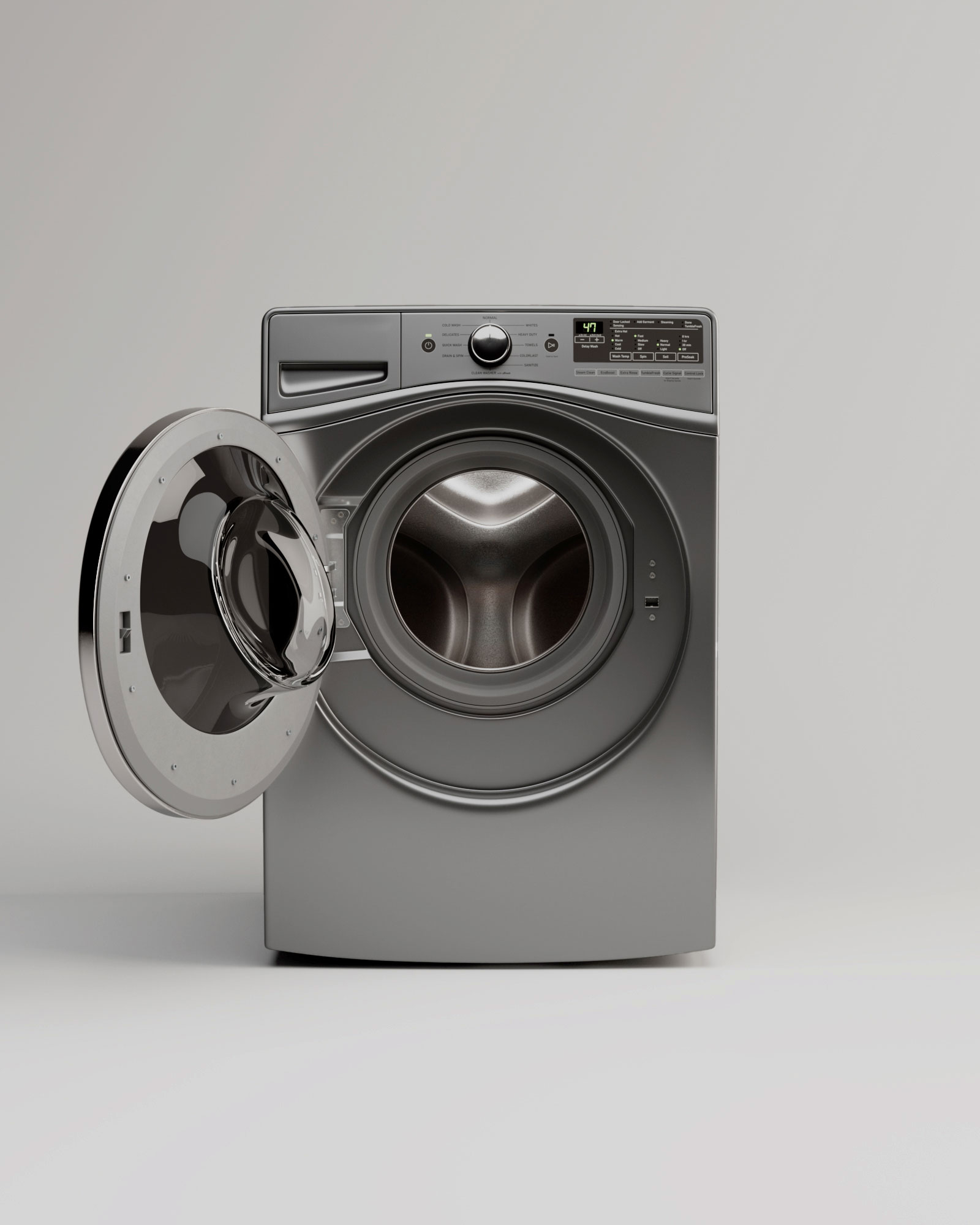 Washing machine studio shot with door open