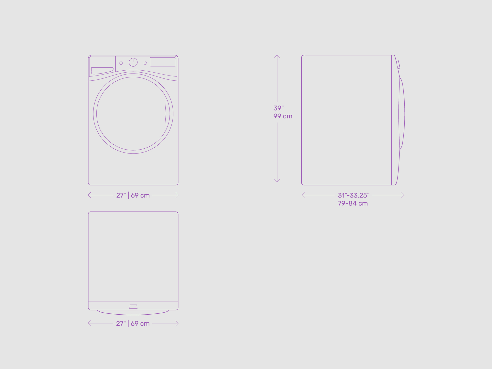 Washing machine technical wireframe and orthographic layout