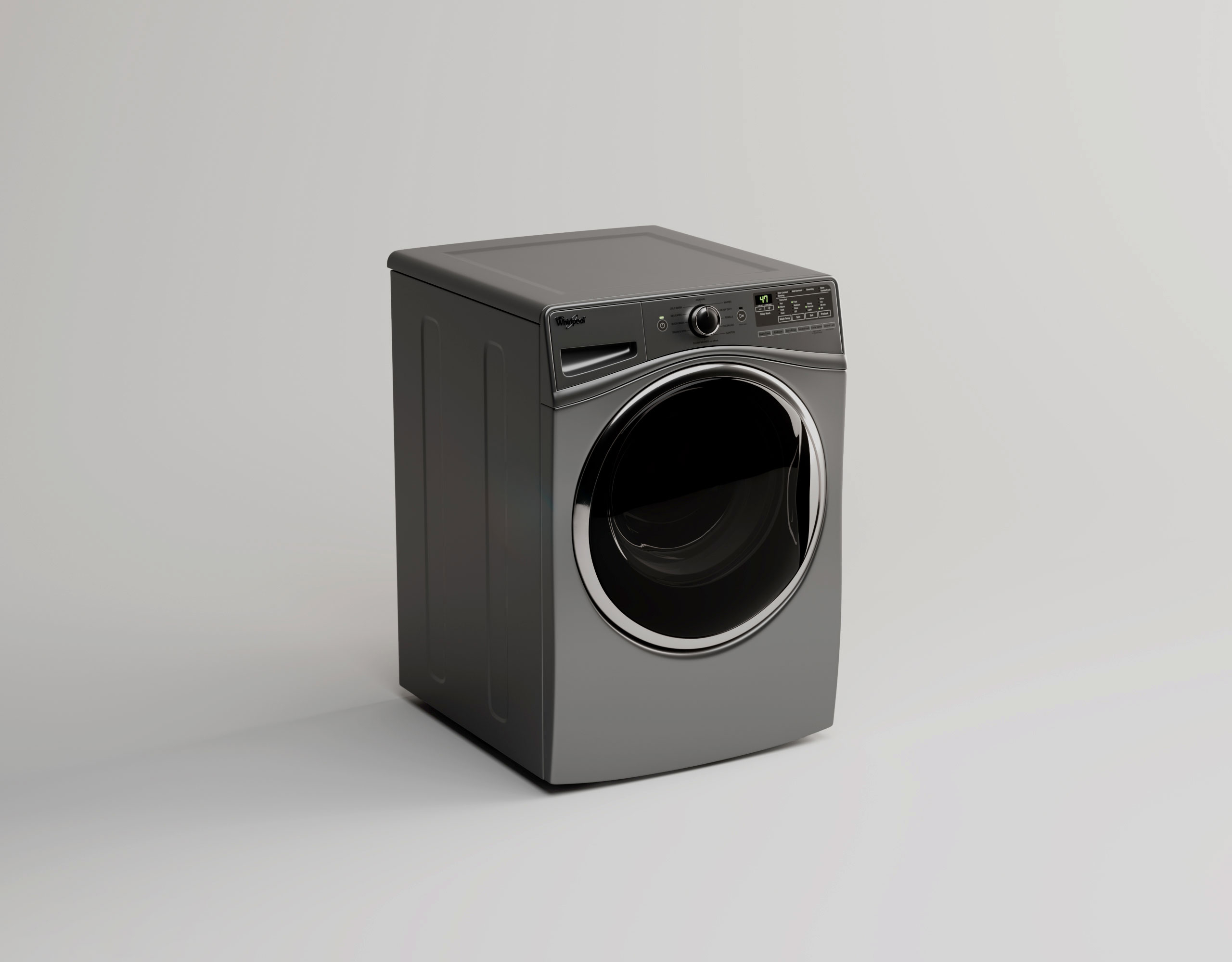 Washing machine three-quarter angle, side and front in one read