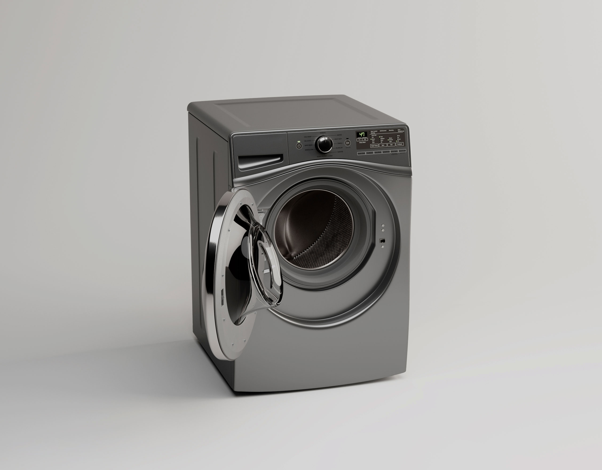 Washing machine three-quarter with door open, interior drum visible